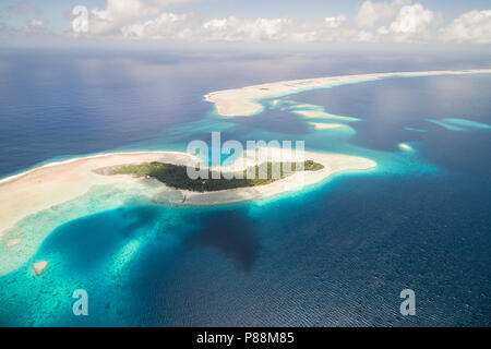 Luftaufnahme von Anchorage Insel in Suwarrow Atoll, Cook Inseln Stockfoto