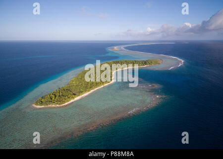 Luftaufnahme von Anchorage Insel in Suwarrow Atoll, Cook Inseln Stockfoto