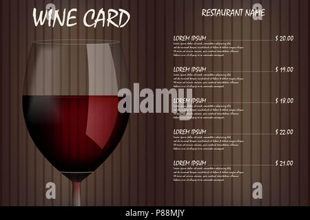 Weinkarte Menü Design mit realistischen Glas. Restaurant Weinkarte Getränkekarte, Rot wineglass Vorlage. Vector Illustration Stock Vektor