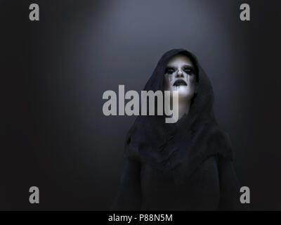 3D-Rendering eines weiblichen Tod Engel oder Dämon trägt eine schwarze Kapuze. Der dunkle Hintergrund. Stockfoto