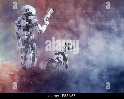 3D-Rendering eines futuristischen Roboter cop Holding gun mit einem Hund, der neben ihm ein Krieg in einer zerstörten Stadt. Rauch und Feuer alle um Sie herum. Stockfoto