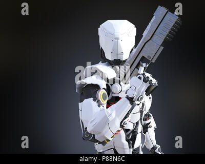 3D-Rendering eines futuristischen Roboter Polizei oder Soldat mit einem Gewehr. Der dunkle Hintergrund. Stockfoto