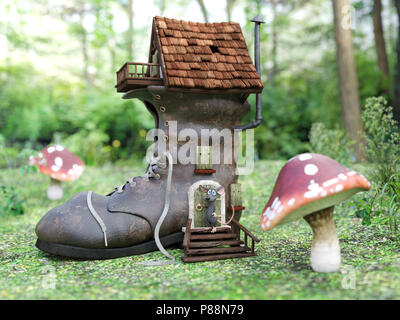 3D-Rendering von einem netten Lächeln cartoon Maus außerhalb einer Fantasie schuh Haus in eine märchenhafte Fliegenpilz Wald stehen. Stockfoto