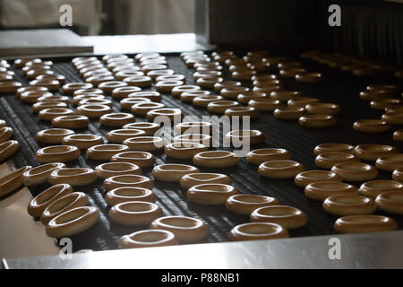 Die Industrie für die Herstellung von Gebäck und Bagels. Förderband für die Produktion von kulinarische Produkte Stockfoto