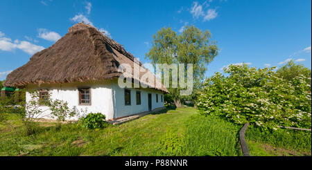 Haus unter einem Strohdach mit weißen Wänden in der Landschaft vor blauem Himmel. . Für ihr Design Stockfoto