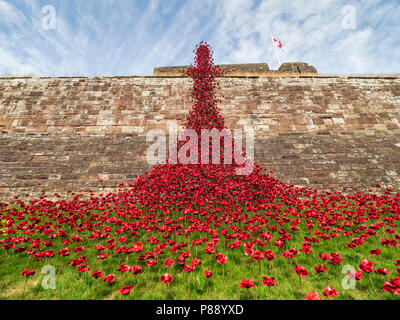 Carlisle Castle, Cumbria, Großbritannien: weinende Fenster commemorative Kunst installation, 100 Jahre seit WW1. 888,246 Keramik Kunst Mohn die Anzahl der Leben Stockfoto