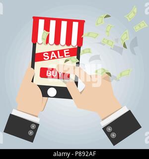 Vector Illustration. online shop Symbol auf smart phone mit Bildschirm verkaufen und mit dem Geld Bank Note Durchfluss bei Hintergrund kaufen. Online shopping Konzept Stock Vektor