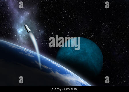 Sonde in der Nähe der unbekannten Planeten fliegen. Die Erforschung des Weltraums. 3D-Darstellung. Stockfoto
