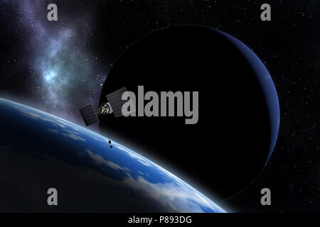 Sonde in der Nähe der unbekannten Planeten fliegen. Die Erforschung des Weltraums. 3D-Darstellung. Stockfoto