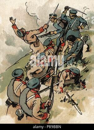 Guerra Ruso-Japonesa (1904-1905). Batalla de Mo-Tien-Ling. Cromo de Schokolade Amatller. Año 1905. Stockfoto