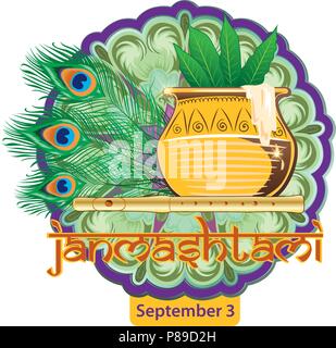 Abbildung: Lord Krishna in der glücklichen Janmashtami Festival von Indien mit Text in Hindi Sinne Shri Krishn Janmashtami Stock Vektor