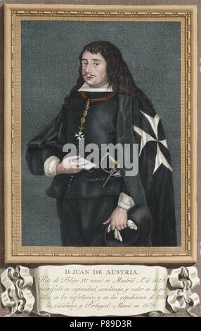 John von Österreich (der jüngere) (1629-1679). Spanische allgemeine und politische Abbildung. Er war der einzige natürliche Sohn von Philip IV von Spanien vom König anerkannt werden. Porträt. Gravur. Farbige. Stockfoto