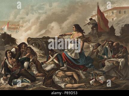 Historia. España. Guerra de la Independencia. Agustina de Aragón (1786-1857) disparando un cañón Contra el Ejército francés Durante El Sitio de Zaragoza. Grabado de 1896. Stockfoto