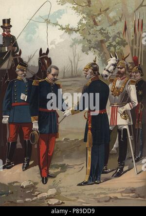 Historia. Guerra franco-prusiana. Rendición de Napoleón III Bonaparte (1808-1873), emperador de Francia, Ante el canciller Alemán Otto von Bismarck (1815-1898) Después de La Batalla de Sedán en 1870. Grabado de 1896. Stockfoto