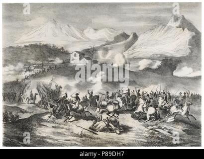 Historia de España. Batalla de Valls de Febrero de 1809, también conocida como La Batalla del Pont del Ri, durante la Guerra del Francés entre las Fuerzas del mariscal Laurent Gouvion Saint-Cyr y las fueras españolas del General Teodoro Reding. Grabado de 1880. Stockfoto