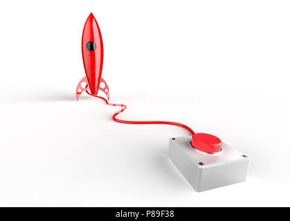 Red Rocket mit Schaltfläche Start klicken, auf weissem, 3D-Rendering isoliert. Stockfoto