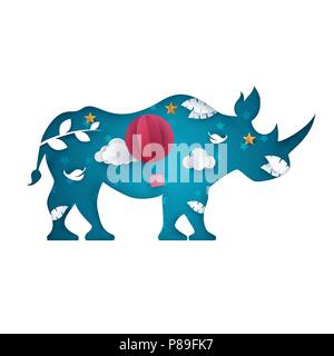 Cartoon Papier Landschaft. Rhino Abbildung. Stock Vektor