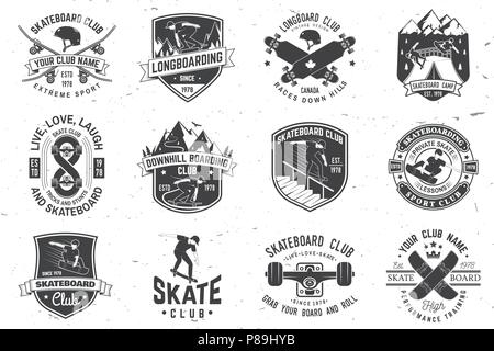 Satz von Skateboard und Longboard club Abzeichen. Vector Illustration. Für skate club Embleme, Schilder und t-shirt Design. Vintage Typografie Design mit Skateboard, skate Truck und Helm. Extreme Sport. Stock Vektor