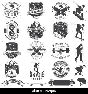 Satz von Skateboard und Longboard club Abzeichen mit Design Element. Vektor. Für skate club Embleme, Schilder, t-shirt Vintage Typografie Design mit Skateboard, skate Truck und Helm. Extreme Sport Stock Vektor