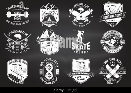 Satz von Skateboard und Longboard club Zeichen an die Tafel. Vektor. Für skate club Embleme, Patch, t-shirt Design. Vintage Typografie Design mit Skateboard, skate Truck und Helm. Extreme Sport Stock Vektor