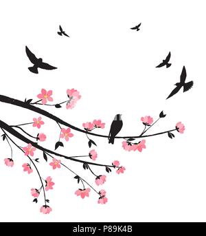 Vector Abbildung: dekorative Zweige mit Blumen und Vögel. Feder Sakura Blossom Stock Vektor