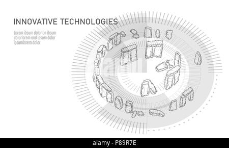 Stonehenge Low Poly geometrische Banner. Sommersonnenwende historische Berechnungen Analyse polygonalen Wissenschaft Technologie. Drahtmodell weißen Architektur Stein reisen tourismus England UK Vector Illustration Stock Vektor