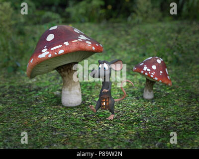 3D-Rendering von einem netten Lächeln Cartoon-maus wandern Nachts mit einer Laterne in eine märchenhafte Fliegenpilz Wald. Stockfoto