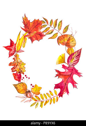 Herbst Komposition. Kranz aus Herbst Beeren und Blätter auf weißem Hintergrund. Aquarell Illustrationen. Stockfoto