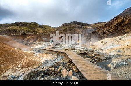 Holzsteg über dampfenden Boden, Bodenschätze, Seltún geothermische Gebiet Krýsuvík Vulkansystem, Reykjanesfólkvangur Stockfoto