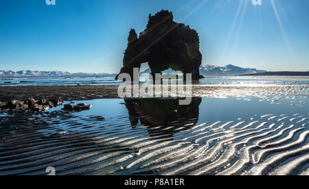 Hvítserkur, Elephant Rock spiegelt sich auf dem Strand von Lava, Basalt Felsen in der Form eines Elefanten im Sonnenschein, Norðurland djupivogur Stockfoto