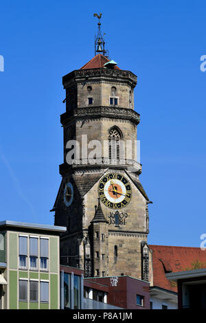 Achteckige südlichen Turm der Stiftskirche Stuttgart, aus dem Markt, Baden-Württemberg, Deutschland Stockfoto