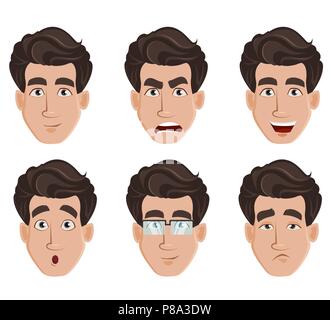 Gesichtsausdruck von stattlichen Geschäftsmann. Verschiedene männliche Gefühle einstellen. Zeichentrickfigur Emotionen. Vector Illustration auf weißem Hintergrund. Stock Vektor