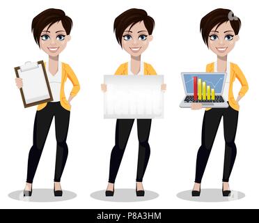 Business Woman, Freelancer, Bankier, der drei Posen. Schöne Dame in Freizeitkleidung, Zwischenablage, die leere Plakette und Laptop. Stock Vektor