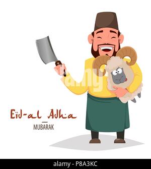 Muslimische traditionellen Urlaub Eid al-Adha, hat keine bestimmte Zeitdauer. Ein Widder opfern. Grußkarte für Kurban Bayrami mit arabischen Mann mit Ram. Vector Illustration auf weißen Ba Stock Vektor