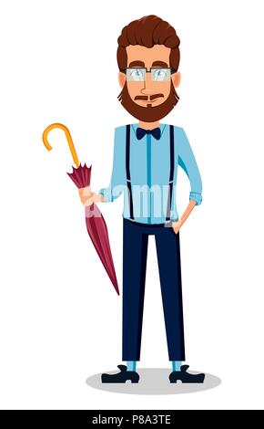 Junge Bartgeier hipster Mann in Gläser. Stattliche Zeichentrickfigur holding Regenschirm. Vector Illustration auf weißem Hintergrund. Stock Vektor