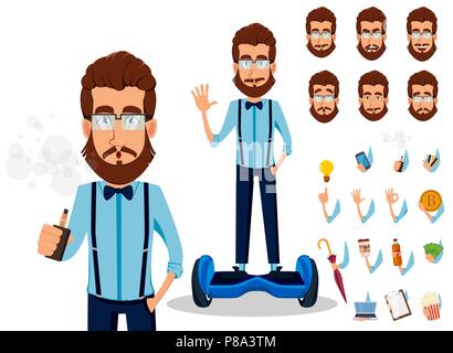 Junge Bartgeier hipster Mann in Gläser, Pack von Teilen des Körpers, der Gefühle und Dinge. Ihr persönliches Design von Cartoon Characters. Vector Illustration Stock Vektor