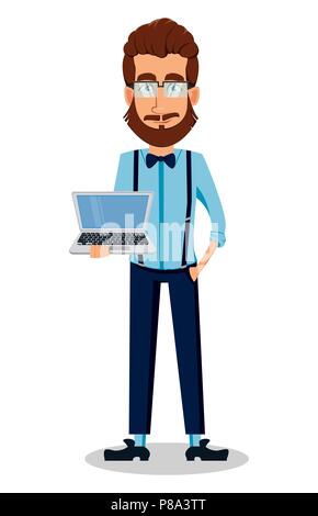 Junge Bartgeier hipster Mann in Gläser. Stattliche Zeichentrickfigur holding Laptop. Vector Illustration auf weißem Hintergrund. Stock Vektor