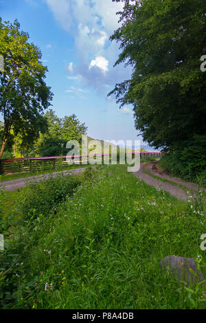 Kreuzung der Boden steinig Straßen durch einen Holzzaun vor dem Hintergrund der fernen Berge begleitet. Für ihr Design Stockfoto
