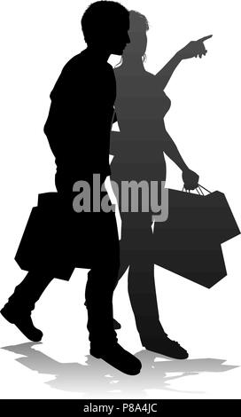 Junge Paar Einkaufen Silhouetten Stock Vektor