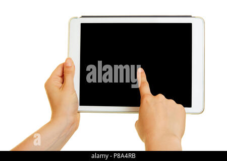 Mit dem Finger auf dem Touchscreen Tablet Computer für User Experience Design mockup Stockfoto