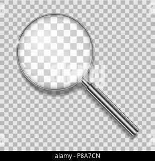 Lupe mit Stahl Rahmen isoliert. Realistische Lupe Linse für Zoom auf transparenten Hintergrund. 3d Lupe Lupe Vector Illustration Stock Vektor