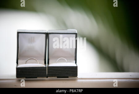 Zwei Trauringe in Weißgold, jedes in einem Schmuckkästchen, sind nebeneinander auf einer hölzernen Leiste platziert. Stockfoto