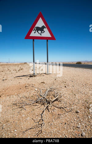 Schild Warnung von wilden Pferden, in der Nähe von Aus, Straße nach Lüderitz, Namibia, Stockfoto