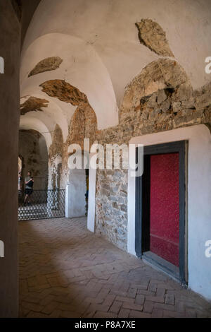 Die Tür in das Schloss Korridor mit dicken Mauern und Torbogen decken. Ort der Besuch von Touristen. Für ihr Design Stockfoto