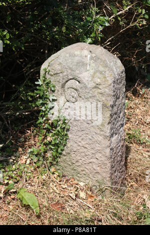 Alte Stein milepost graviert 6 mit Efeu wächst auf der Seite der leinpfad von der Lancaster Canal in Bolton-le-Sands, Lancashire, England. Stockfoto