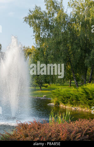 Eine hohe schlagen Brunnen in der Mitte eines transparenten See mit dekorativem Grün Blumenbeete. Für ihr Design Stockfoto