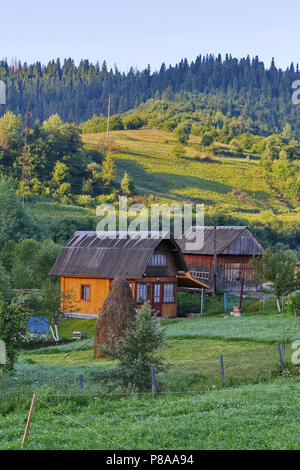 Kleine Häuser in einer bergigen Gegend mit schöner Natur. Mit Hof eines Bauern in der Nähe der Häuser und säte. . Für ihr Design Stockfoto