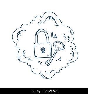 Vorhängeschloss Schlüssel Sicherheit System Konzept auf weißem Hintergrund Skizze doodle Stock Vektor