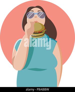 Gerne fette Frau essen eine große leckere Hamburger. Flache Konzept Abbildung von schlechten Gewohnheiten und Leute essen Burger und Junk Food isoliert Stock Vektor