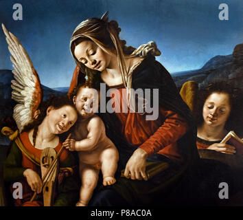 Madonna col Bambino e aufgrund Angeli - Madonna mit Kind und zwei Engel von Piero di Cosimo, (Pietro di Lorenzo) Florenz 1461 - 1522, Italien, Italienisch. Stockfoto